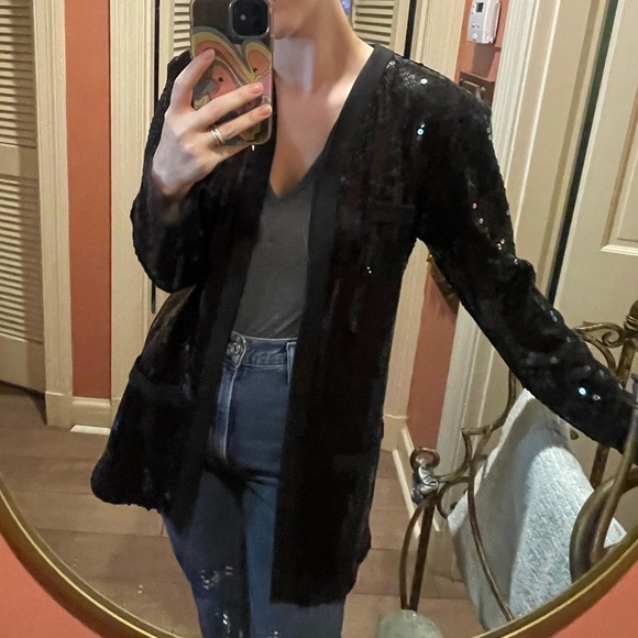 Very cool vintage Lew Megram New York Black sequin duster jacket blazer size M - Picture 7 of 9